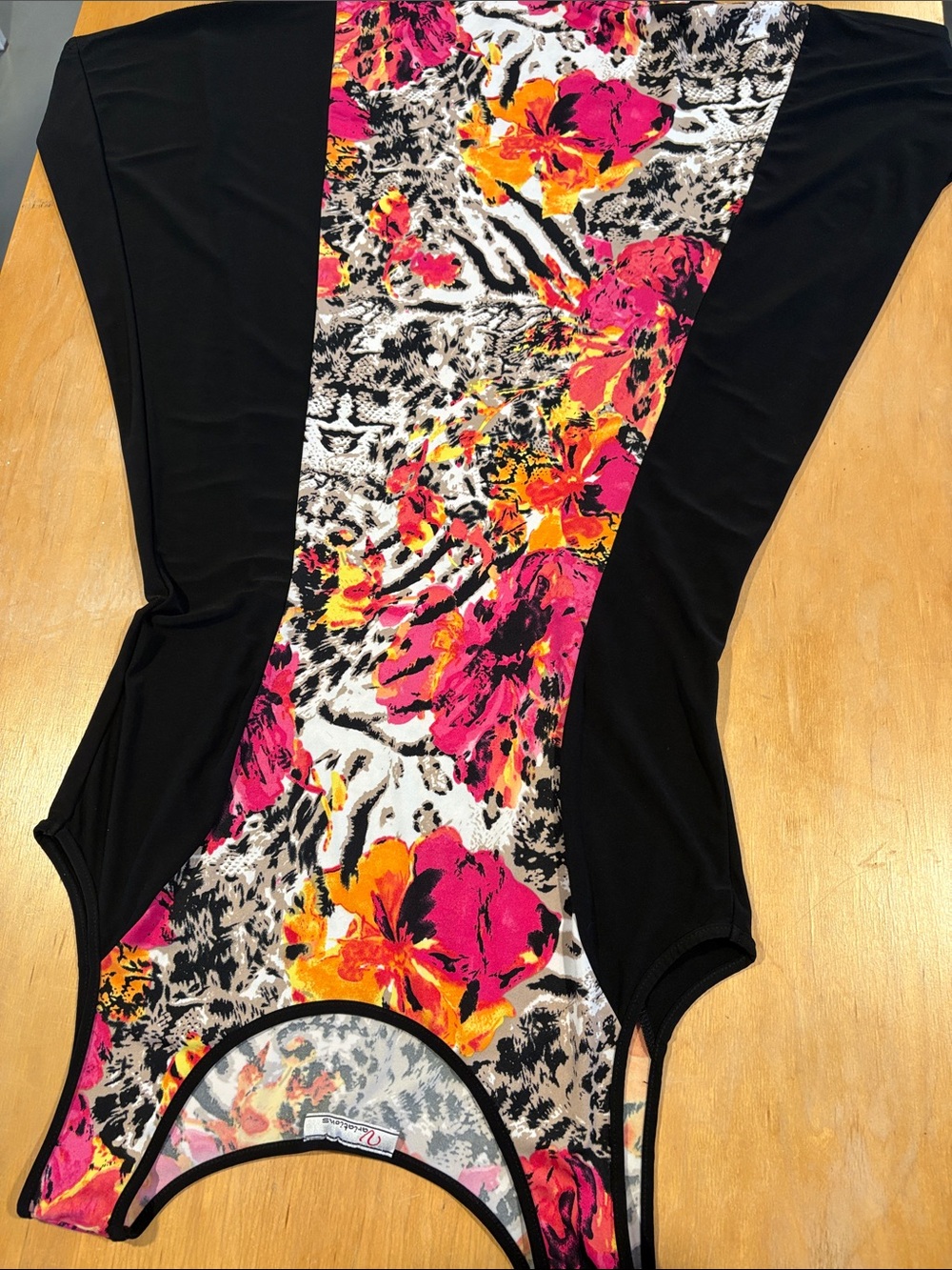 Variations ~ Floral Panel Bodysuit Jet Black Tropical Fuchsia Pink Animal print